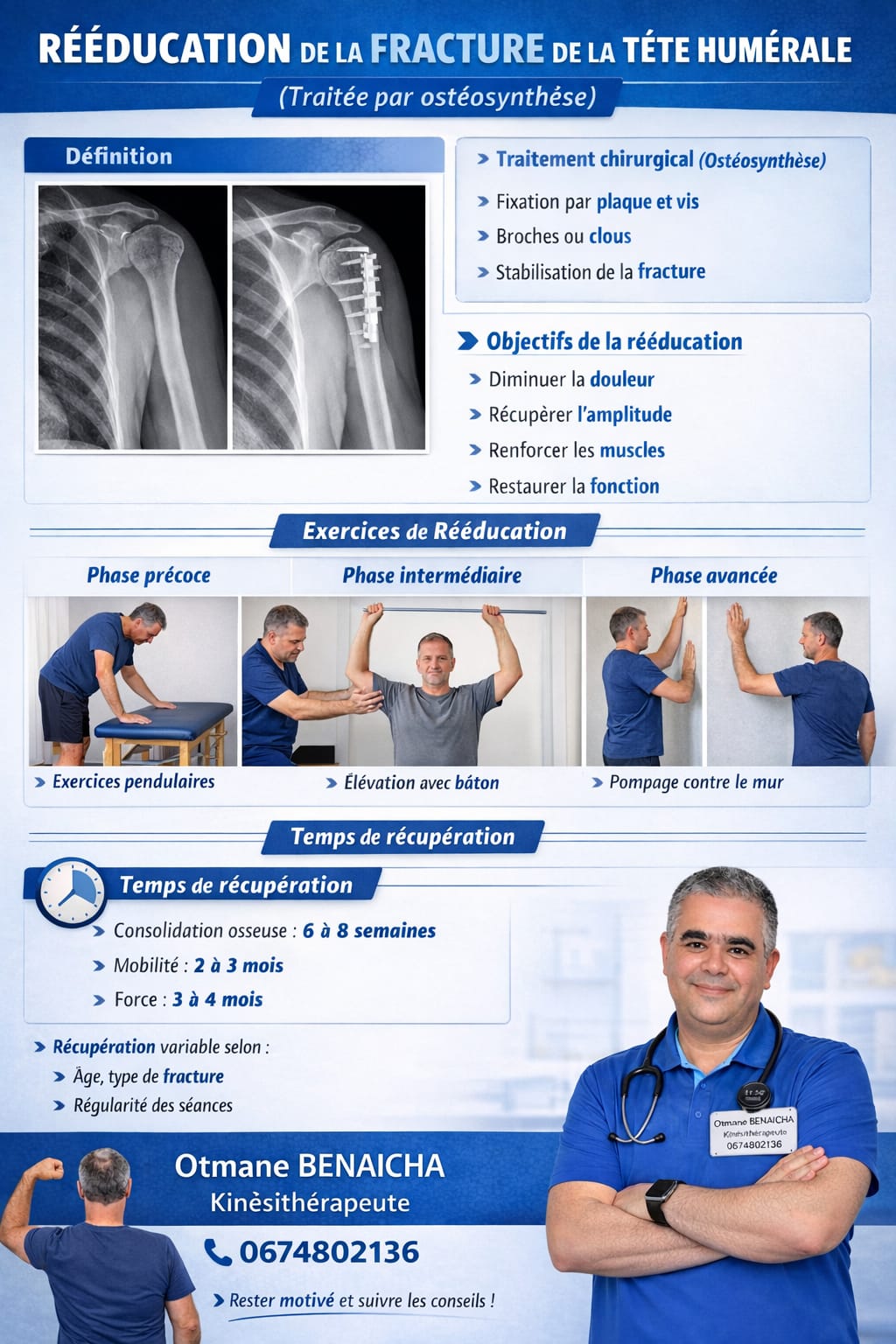 Rééducation fracture tête humérale — épaule — cabinet kinésithérapie Fès Otmane BENAICHA