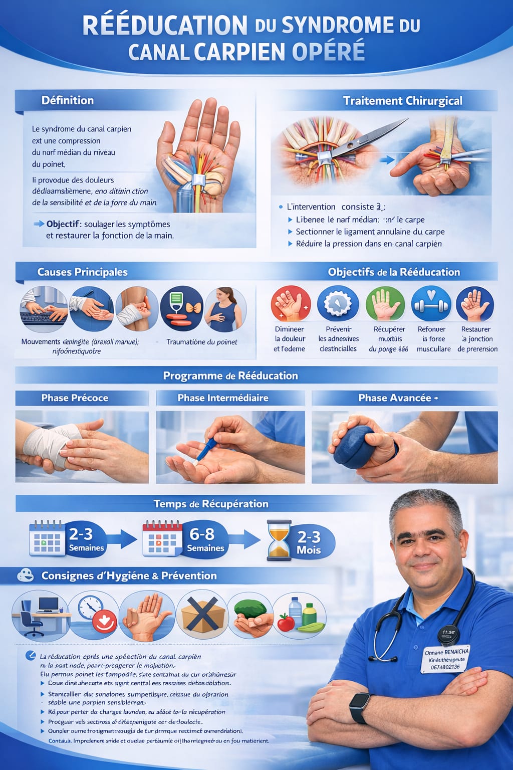 Rééducation syndrome canal carpien opéré — poignet main — kinésithérapeute Fès Maroc